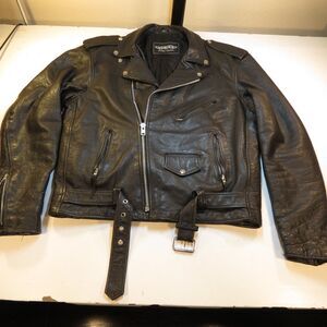UNIK LEATHER MOTORCYCLE BIKER BELTED JACKET Sz 44 Black Vintage